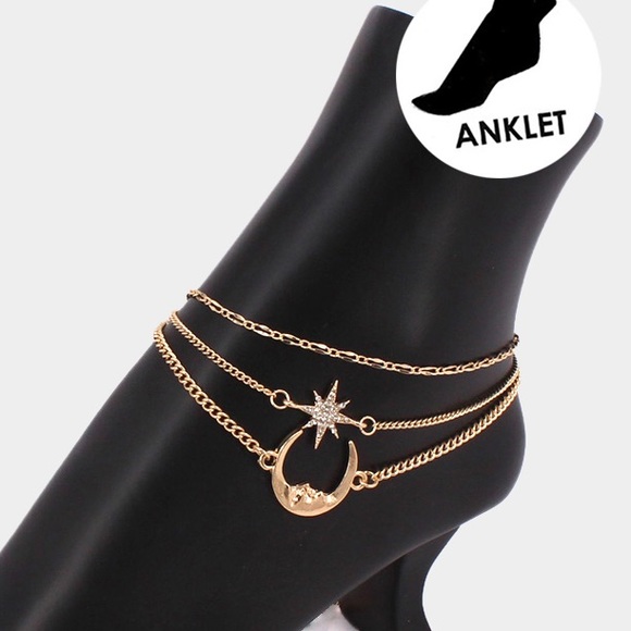 3 PCS star and crescent moon charm ankle bracelet set - Picture 4 of 5